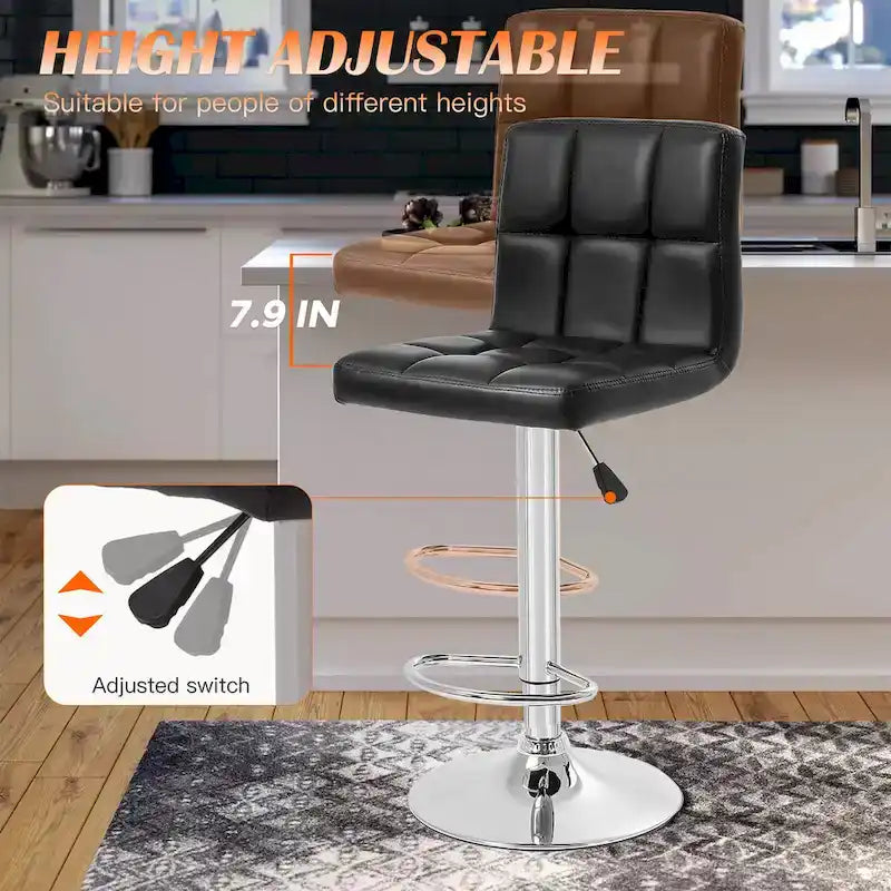 Quilted PU Leather Adjustable Height Swivel Bar Stool with Chrome Base