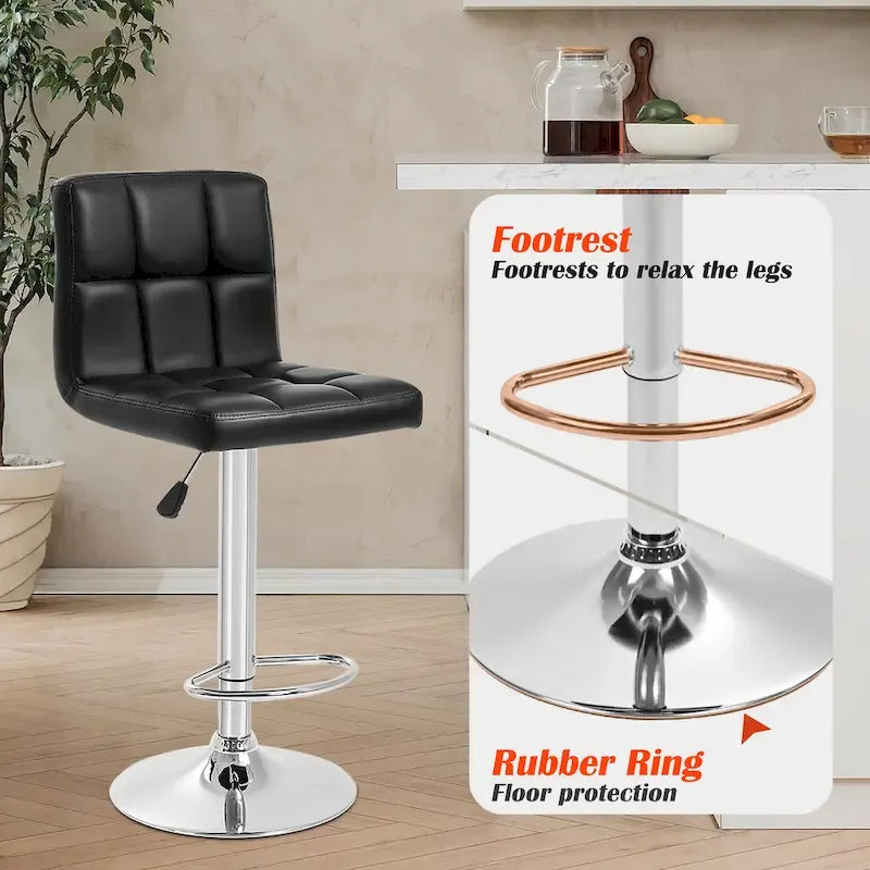 Quilted PU Leather Adjustable Height Swivel Bar Stool with Chrome Base