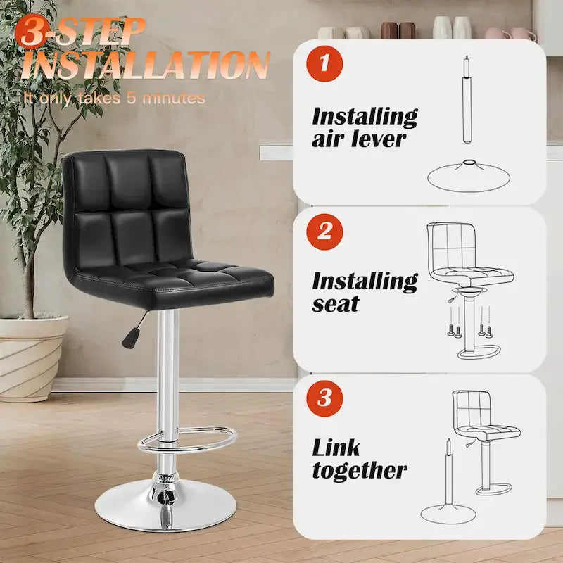 Quilted PU Leather Adjustable Height Swivel Bar Stool with Chrome Base