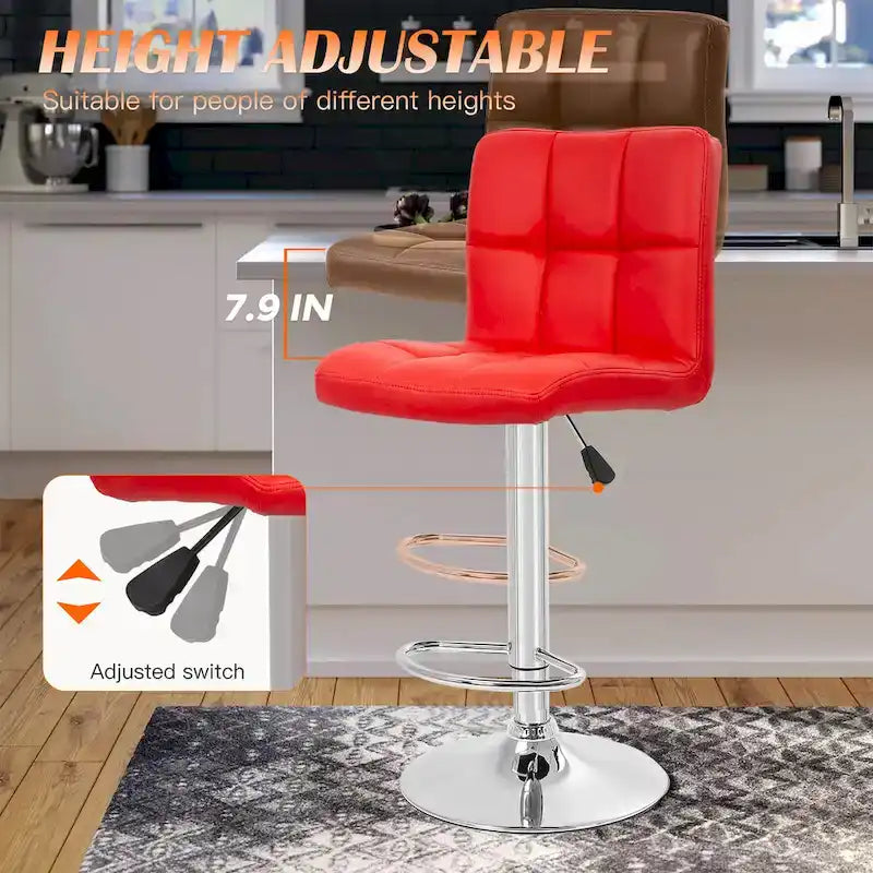 Quilted PU Leather Adjustable Height Swivel Bar Stool with Chrome Base