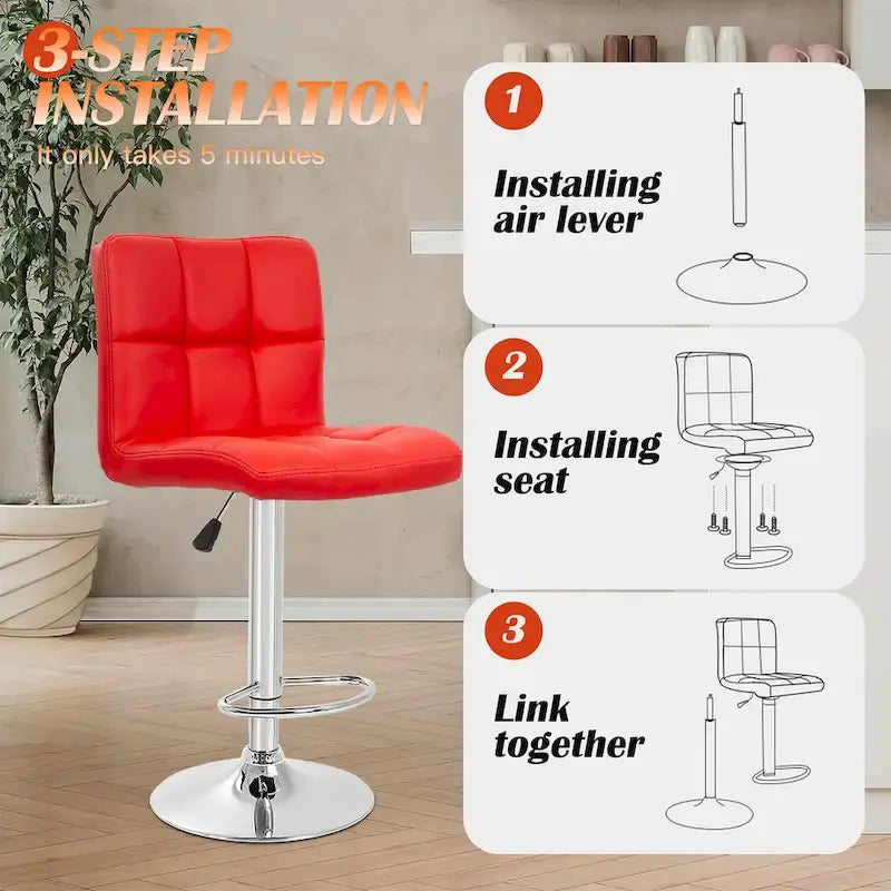 Quilted PU Leather Adjustable Height Swivel Bar Stool with Chrome Base