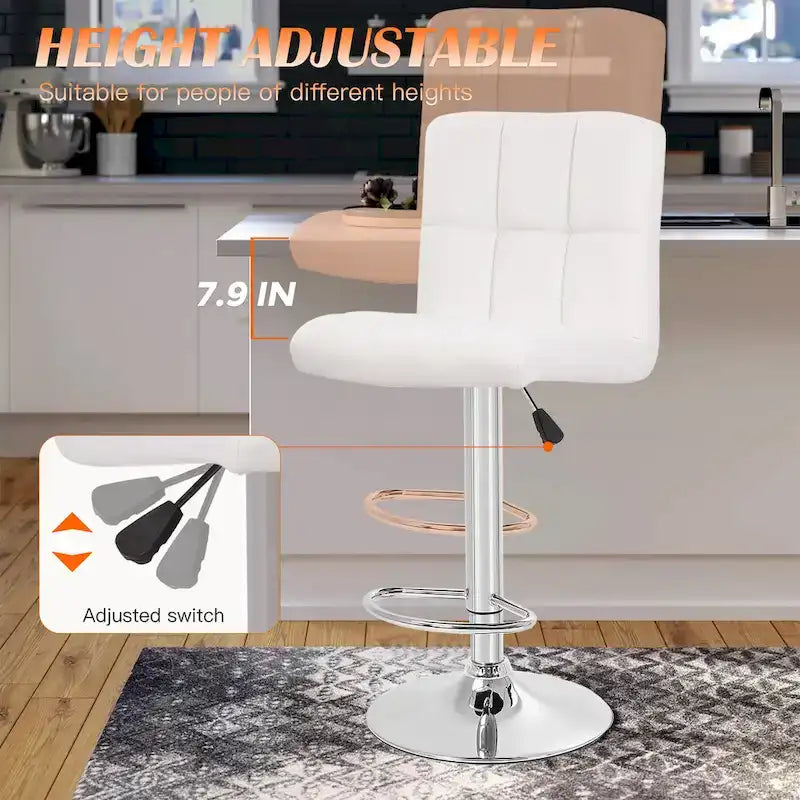 Quilted PU Leather Adjustable Height Swivel Bar Stool with Chrome Base