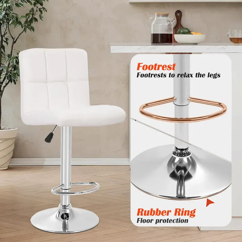 Quilted PU Leather Adjustable Height Swivel Bar Stool with Chrome Base