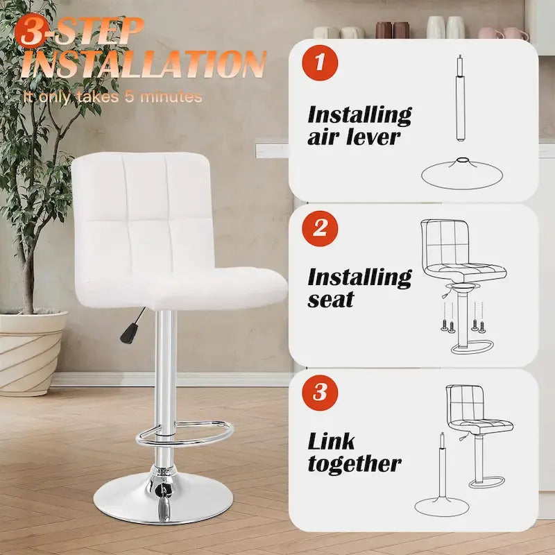 Quilted PU Leather Adjustable Height Swivel Bar Stool with Chrome Base