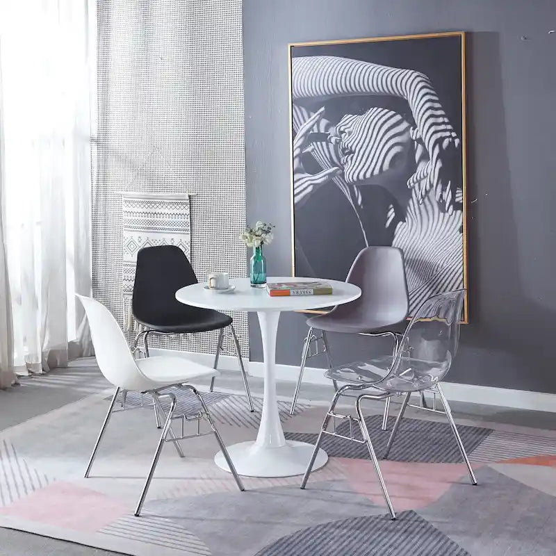 Round White Mid-Century Dining Table with MDF Top and Metal Legs