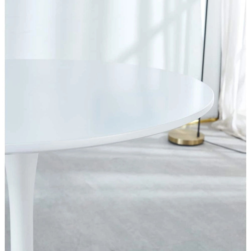 Round White Mid-Century Dining Table with MDF Top and Metal Legs