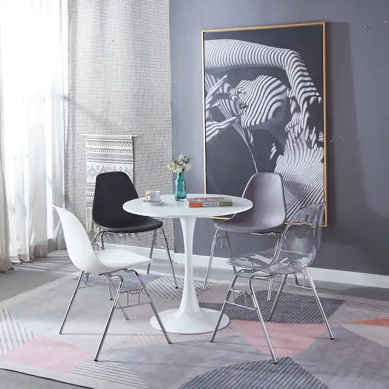 Round White Mid-Century Dining Table with MDF Top and Metal Legs