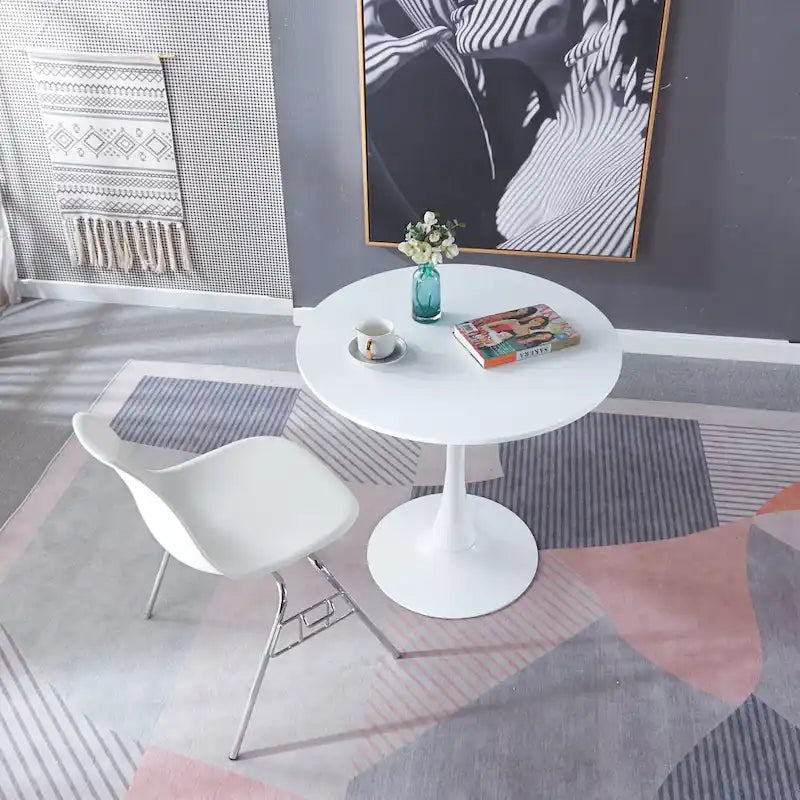 Round White Mid-Century Dining Table with MDF Top and Metal Legs