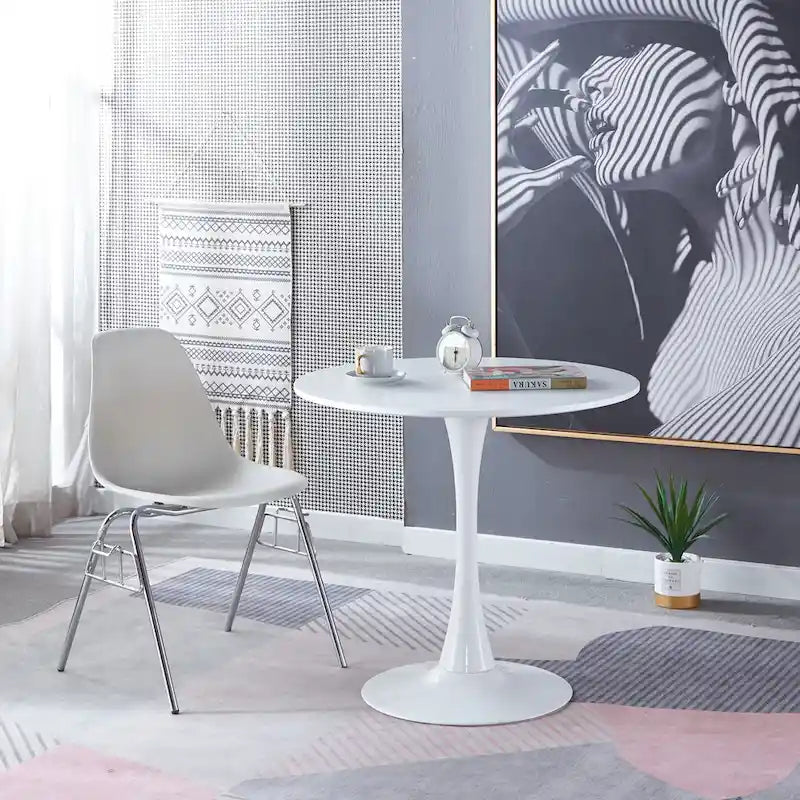 Round White Mid-Century Dining Table with MDF Top and Metal Legs