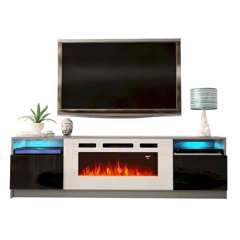 Glossy Electric Fireplace TV Stand with LED Lights Multi-Color Storage Cabinet