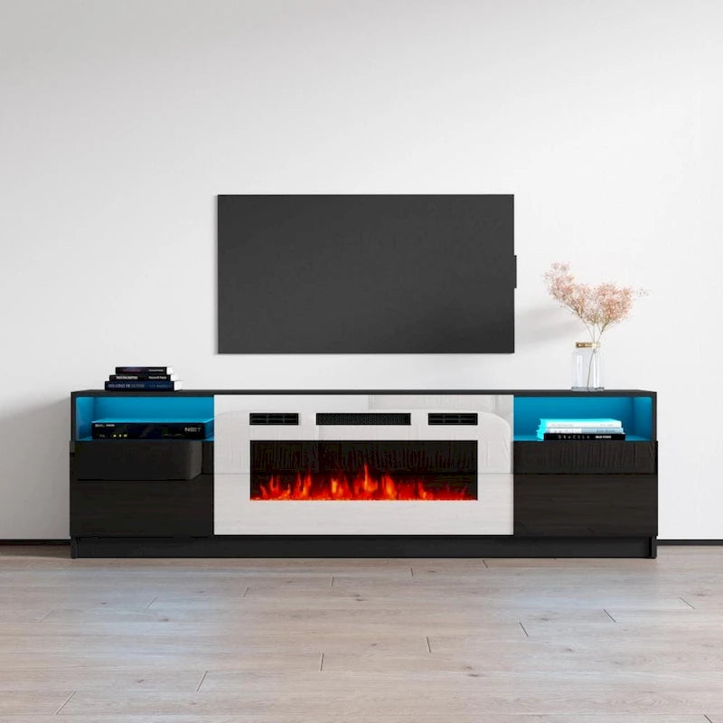 Glossy Electric Fireplace TV Stand with LED Lights Multi-Color Storage Cabinet