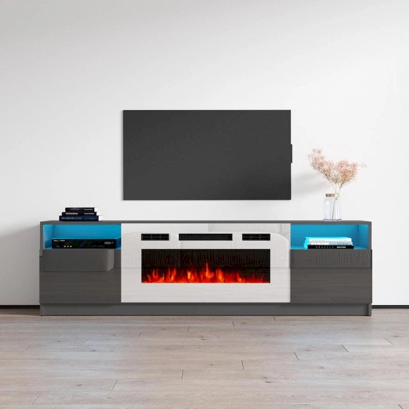 Glossy Electric Fireplace TV Stand with LED Lights Multi-Color Storage Cabinet