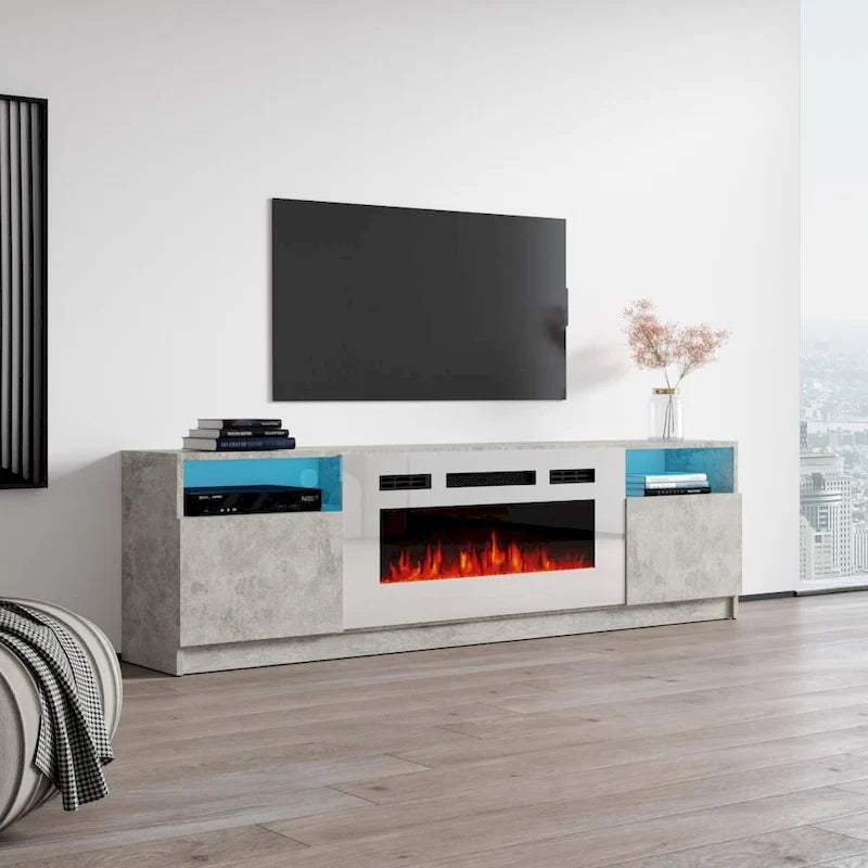 Glossy Electric Fireplace TV Stand with LED Lights Multi-Color Storage Cabinet
