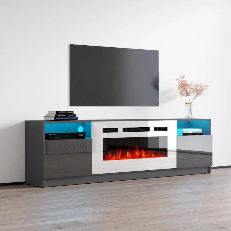 Glossy Electric Fireplace TV Stand with LED Lights Multi-Color Storage Cabinet