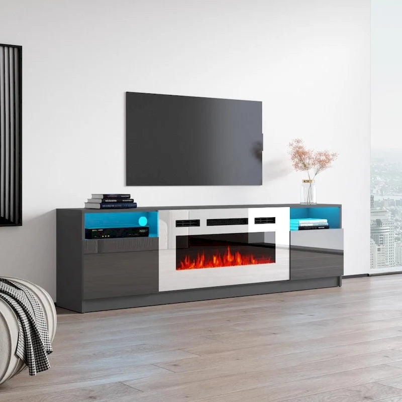 Glossy Electric Fireplace TV Stand with LED Lights Multi-Color Storage Cabinet