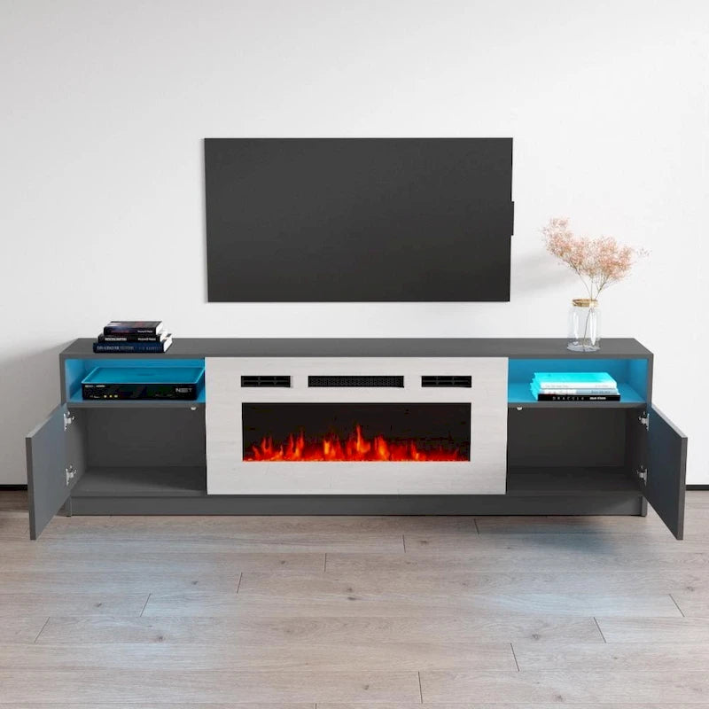 Glossy Electric Fireplace TV Stand with LED Lights Multi-Color Storage Cabinet