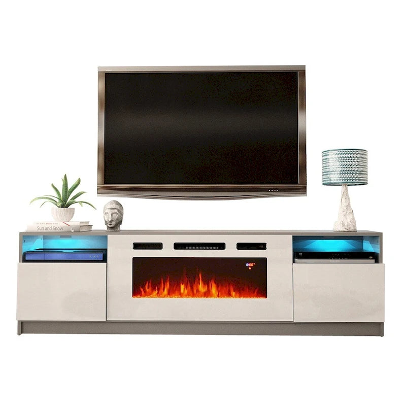 Glossy Electric Fireplace TV Stand with LED Lights Multi-Color Storage Cabinet