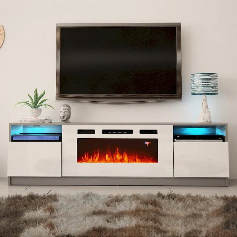 Glossy Electric Fireplace TV Stand with LED Lights Multi-Color Storage Cabinet