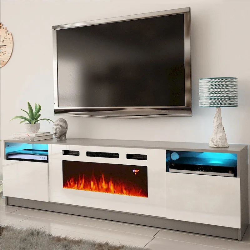 Glossy Electric Fireplace TV Stand with LED Lights Multi-Color Storage Cabinet