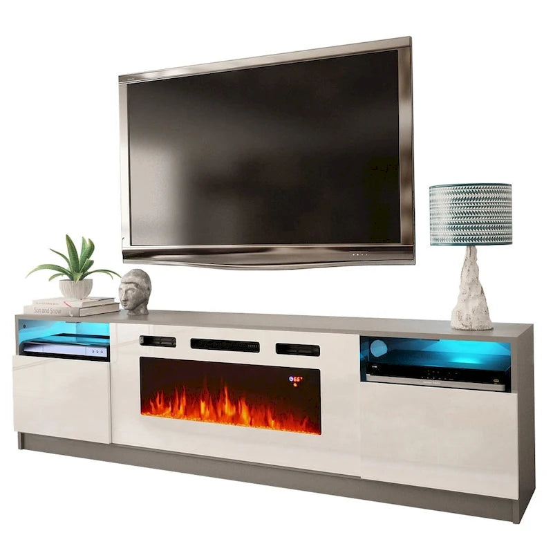 Glossy Electric Fireplace TV Stand with LED Lights Multi-Color Storage Cabinet