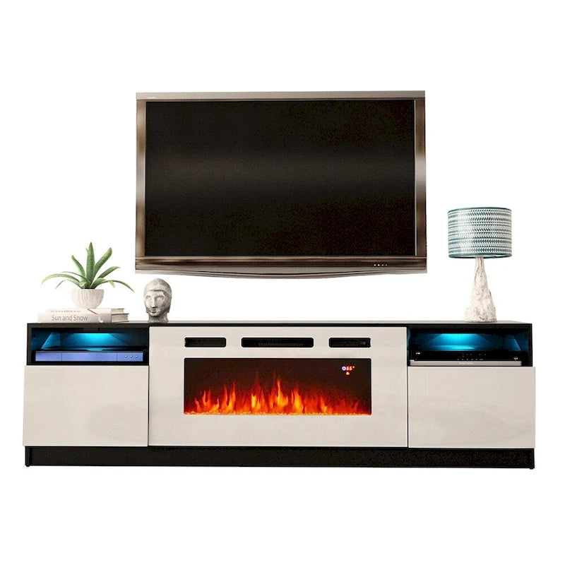 Glossy Electric Fireplace TV Stand with LED Lights Multi-Color Storage Cabinet
