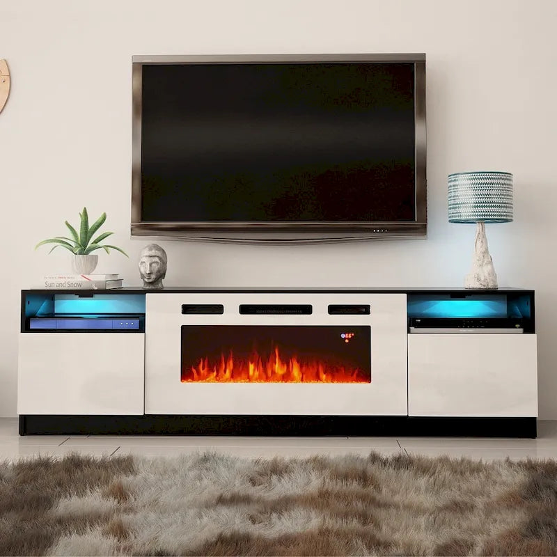 Glossy Electric Fireplace TV Stand with LED Lights Multi-Color Storage Cabinet