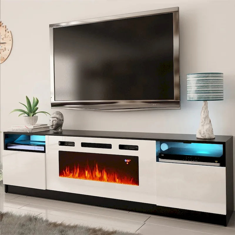 Glossy Electric Fireplace TV Stand with LED Lights Multi-Color Storage Cabinet
