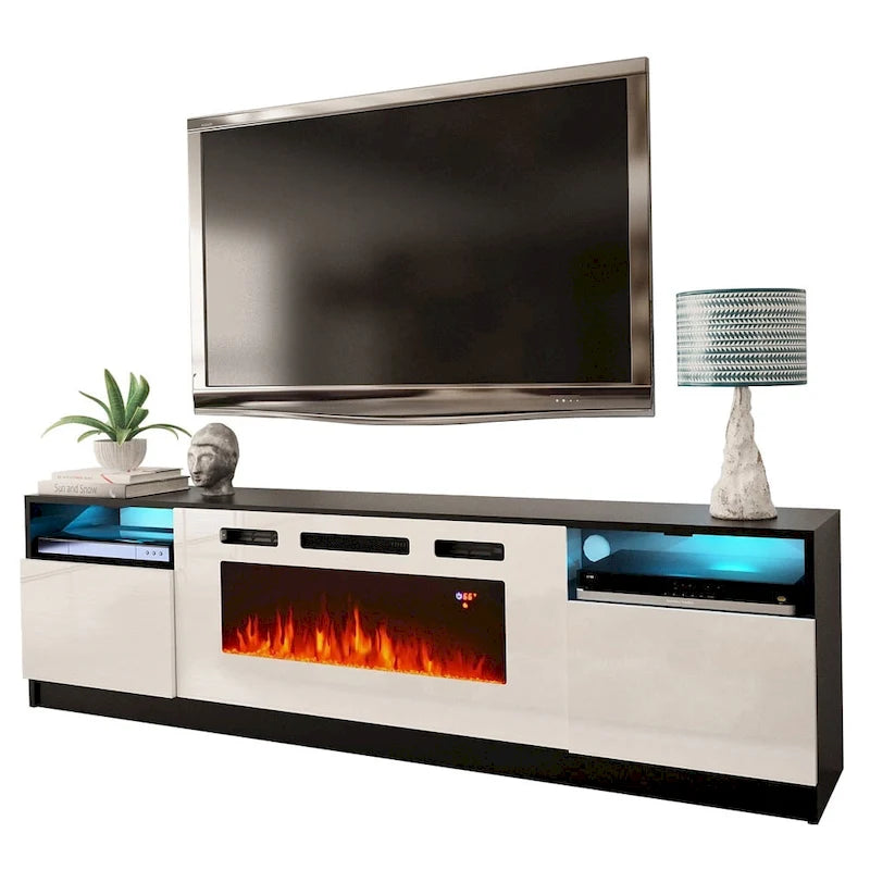 Glossy Electric Fireplace TV Stand with LED Lights Multi-Color Storage Cabinet