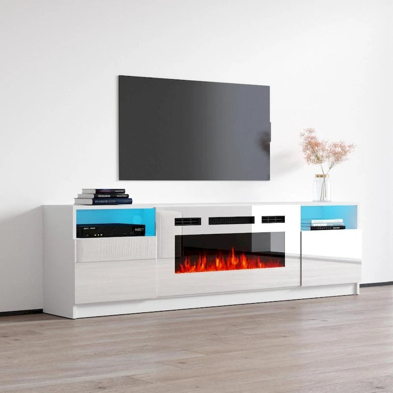 Glossy Electric Fireplace TV Stand with LED Lights Multi-Color Storage Cabinet