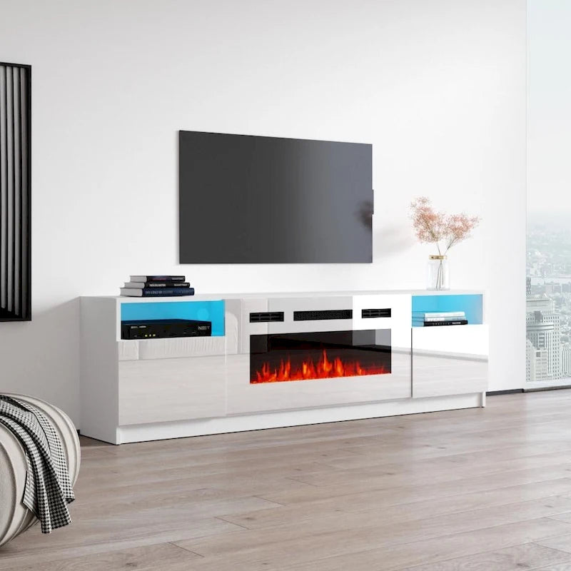 Glossy Electric Fireplace TV Stand with LED Lights Multi-Color Storage Cabinet