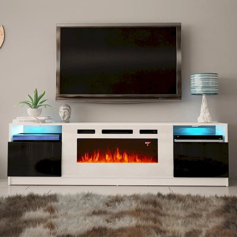 Glossy Electric Fireplace TV Stand with LED Lights Multi-Color Storage Cabinet