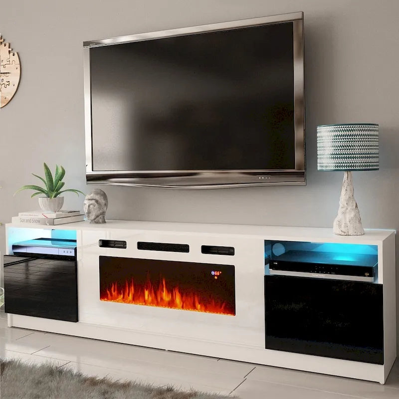 Glossy Electric Fireplace TV Stand with LED Lights Multi-Color Storage Cabinet