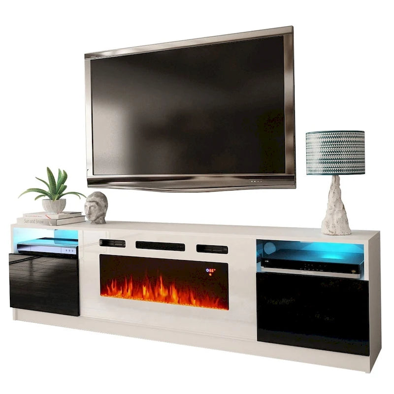 Glossy Electric Fireplace TV Stand with LED Lights Multi-Color Storage Cabinet