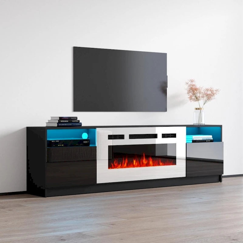 Glossy Electric Fireplace TV Stand with LED Lights Multi-Color Storage Cabinet