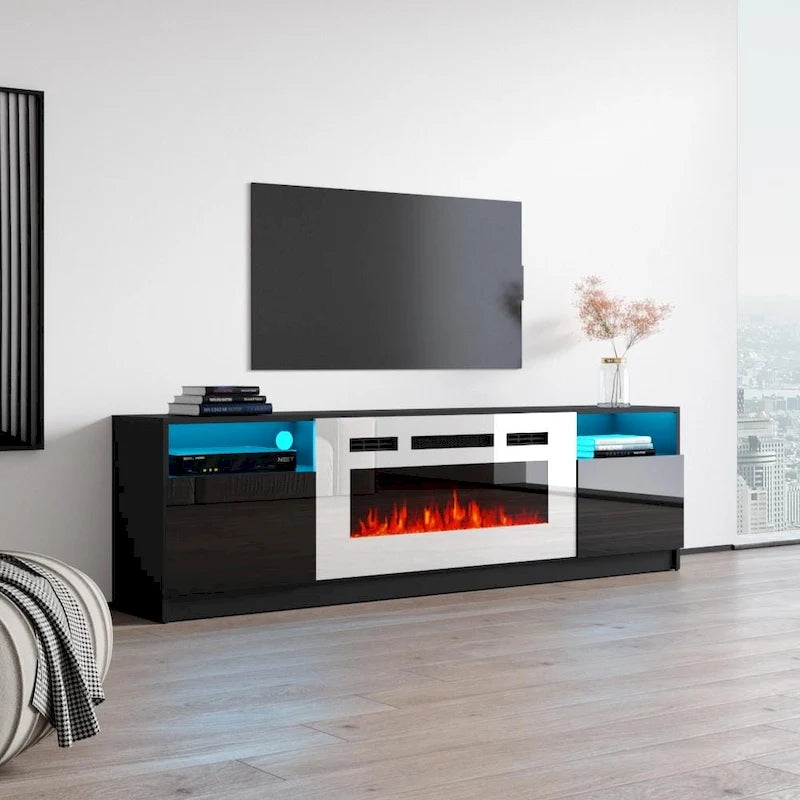 Glossy Electric Fireplace TV Stand with LED Lights Multi-Color Storage Cabinet