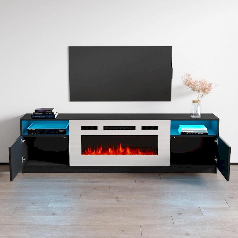 Glossy Electric Fireplace TV Stand with LED Lights Multi-Color Storage Cabinet