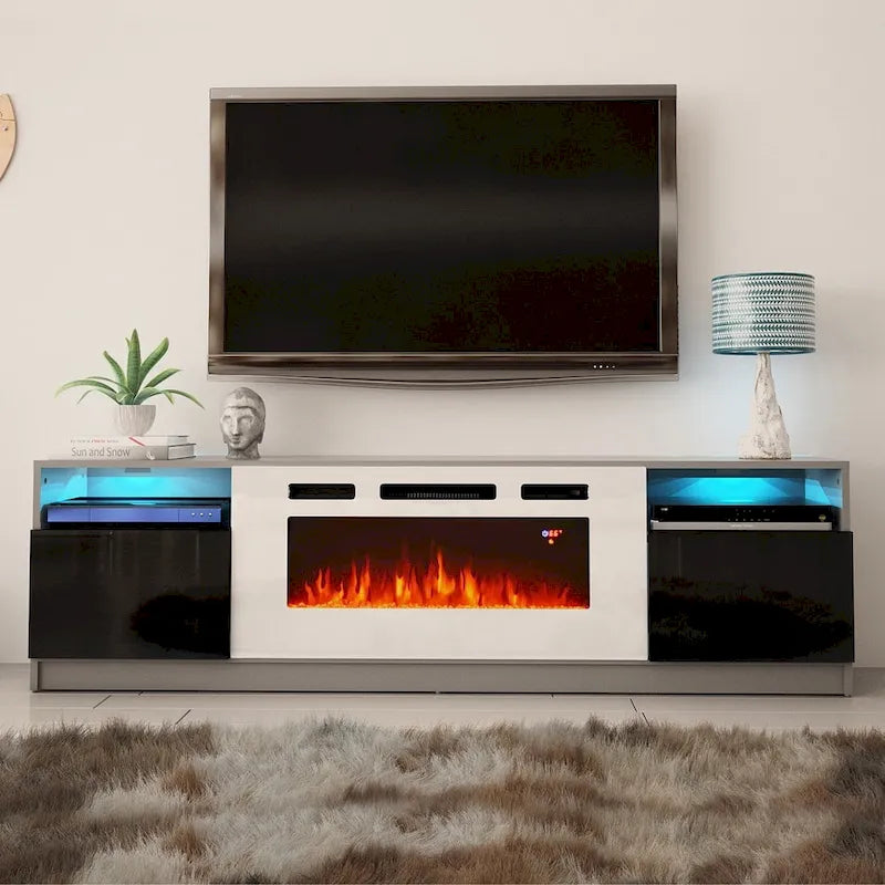 Glossy Electric Fireplace TV Stand with LED Lights Multi-Color Storage Cabinet