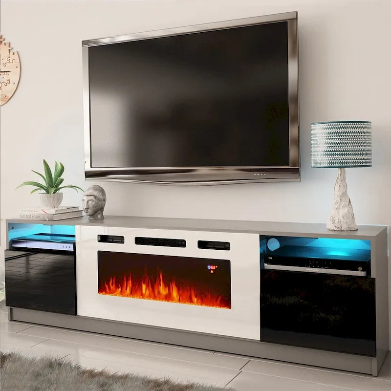 Glossy Electric Fireplace TV Stand with LED Lights Multi-Color Storage Cabinet