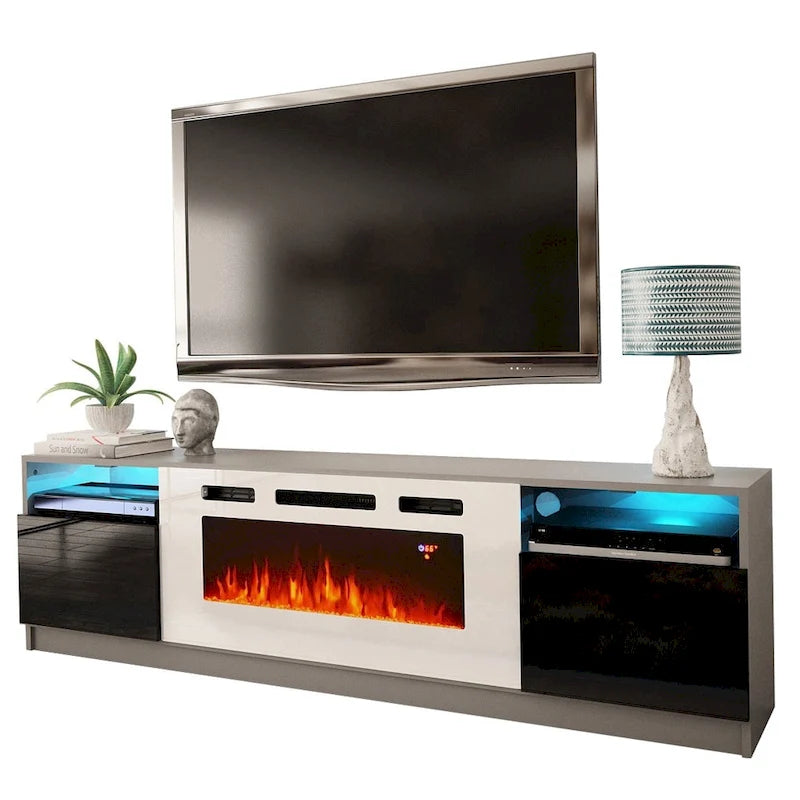 Glossy Electric Fireplace TV Stand with LED Lights Multi-Color Storage Cabinet