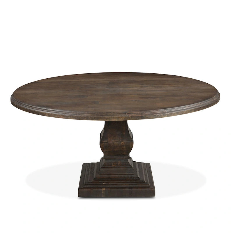 60-Inch Round Solid Mango Wood Dining Table with Vintage Brown Finish