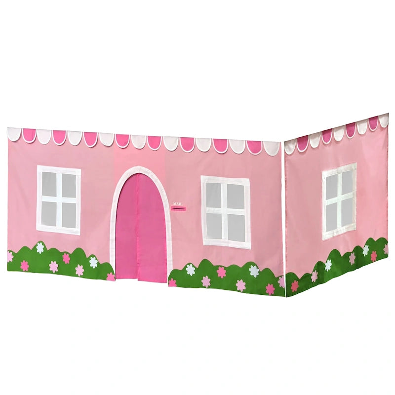 Etagenbett für Kinder mit Baumwollvorhang unter dem Bett, Tür mit Bindeband, Rosa im Landhausstil