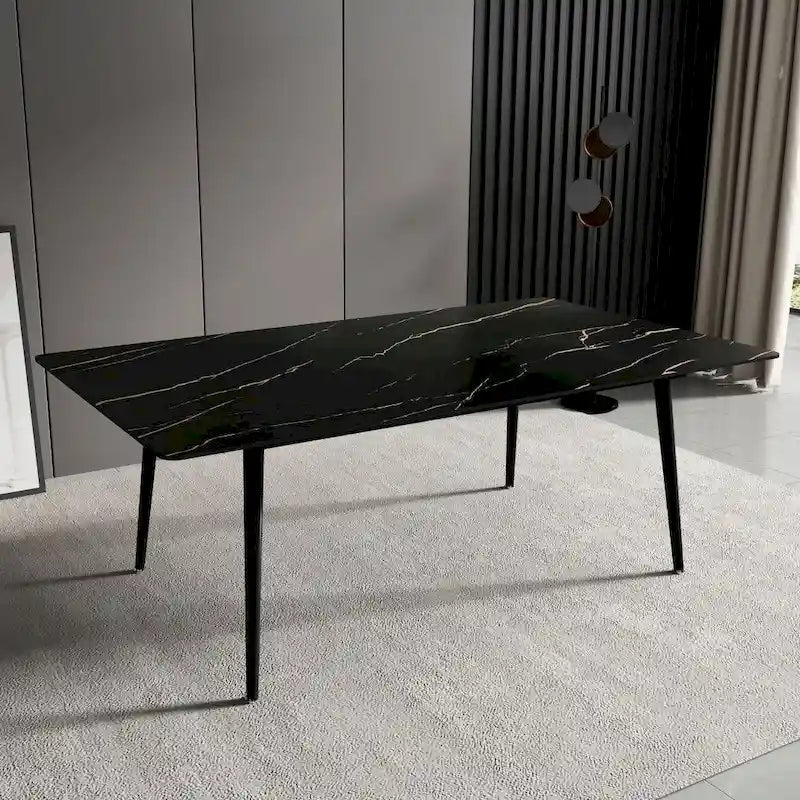 Modern Rectangular Stone Top Dining Table with Sleek Carbon Steel Legs
