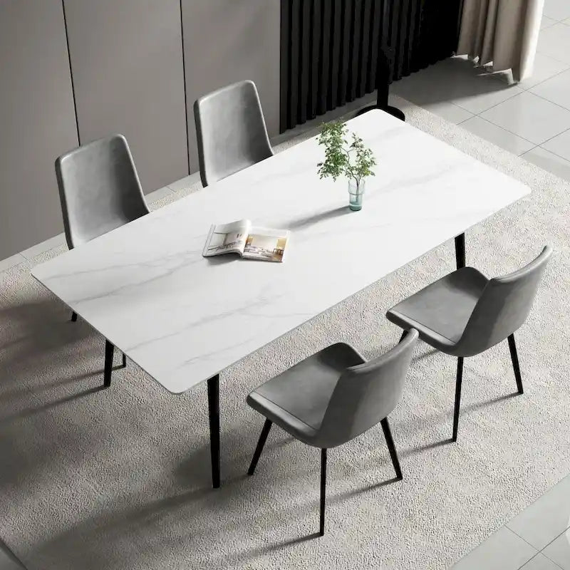 Modern Rectangular Stone Top Dining Table with Sleek Carbon Steel Legs
