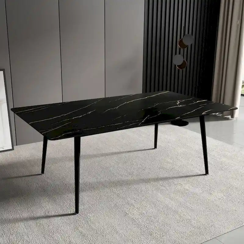 Modern Rectangular Stone Top Dining Table with Sleek Carbon Steel Legs