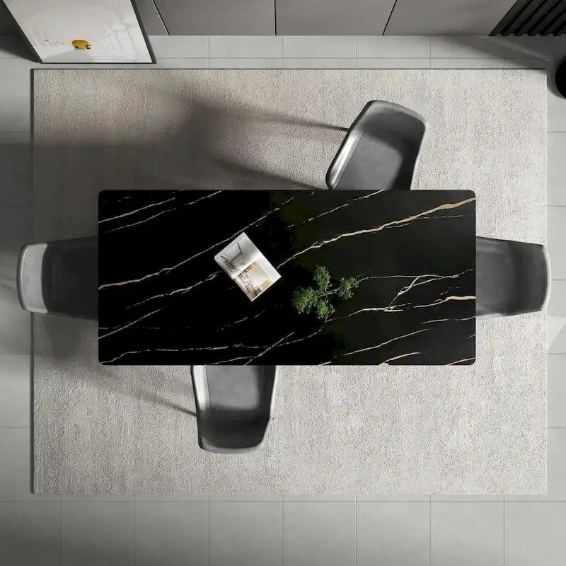 Modern Rectangular Stone Top Dining Table with Sleek Carbon Steel Legs