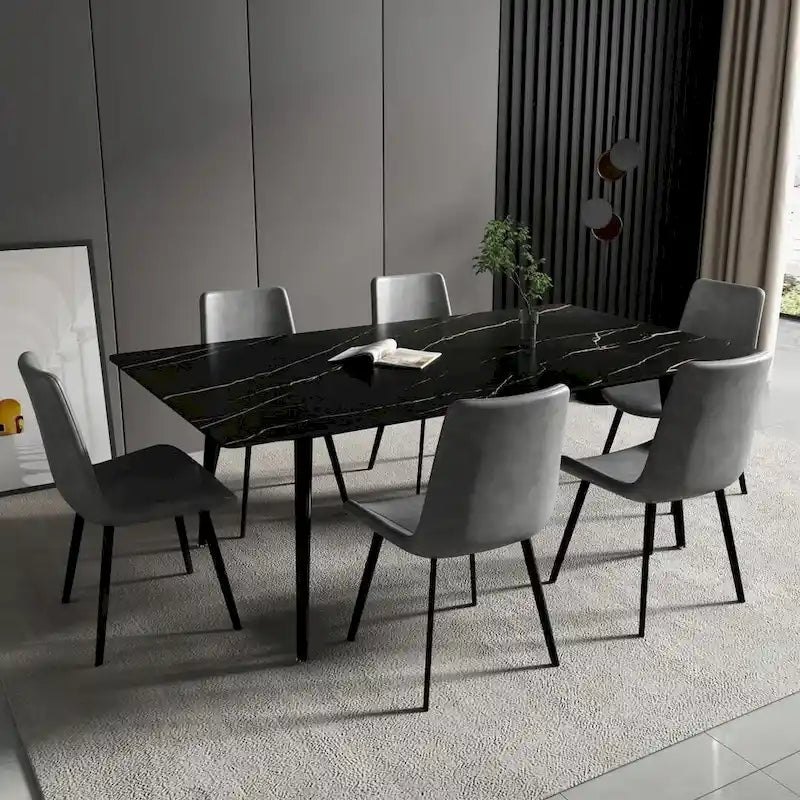 Modern Rectangular Stone Top Dining Table with Sleek Carbon Steel Legs