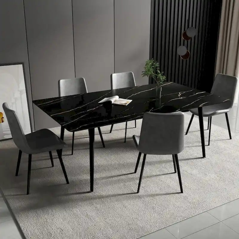 Modern Rectangular Stone Top Dining Table with Sleek Carbon Steel Legs