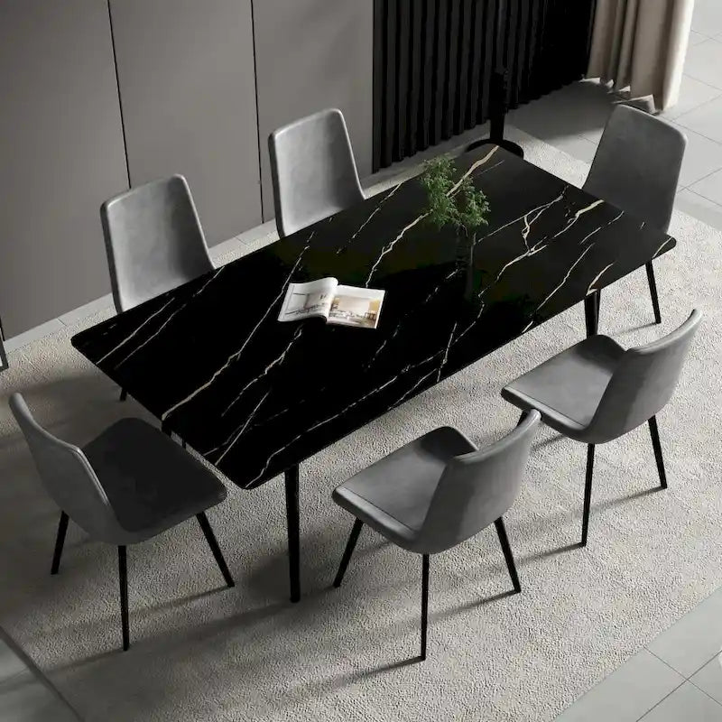Modern Rectangular Stone Top Dining Table with Sleek Carbon Steel Legs