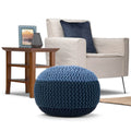 Boho Round Hand Knit Cotton Pouf Ottoman Blue Navy