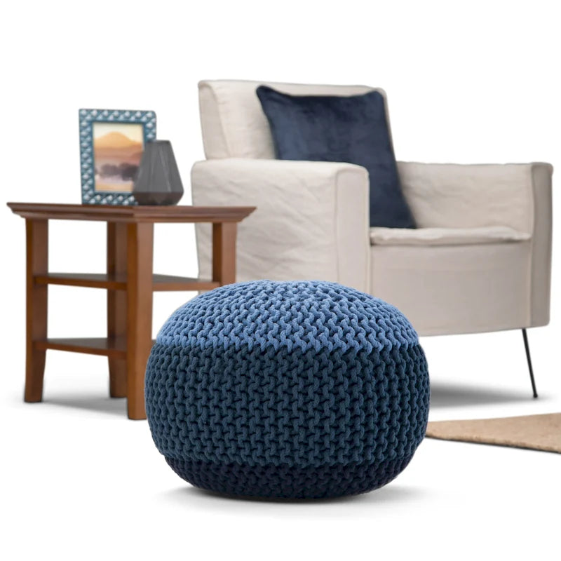 Boho Round Hand Knit Cotton Pouf Ottoman Blue Navy